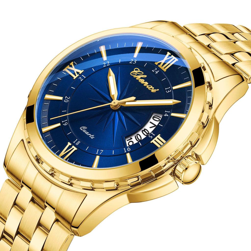 Watch Men Stainless Steel Calendar Gold 3ATM Water Resistant Luminous Analog Display Simple Fashion Quartz Watch Men Fashion Accessory - Birthday