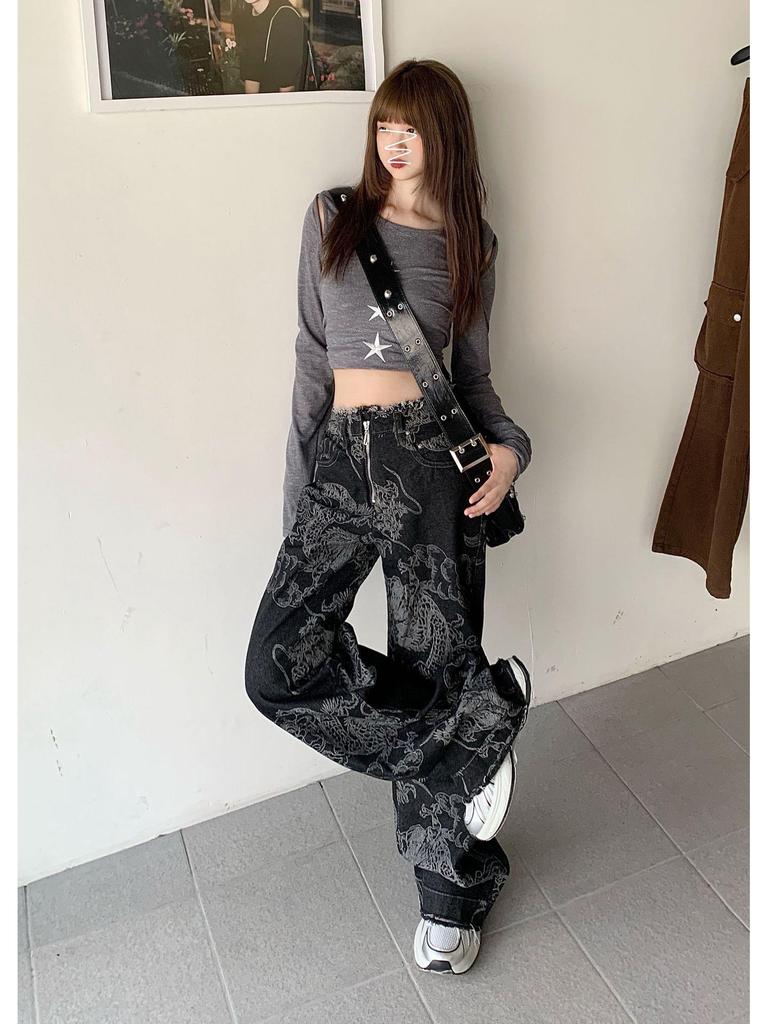 Damen Jeans mit hohem Bund, Designer Drachenprint, lockere Passform, vielseitiger Graffiti-Stil für den Sommer.