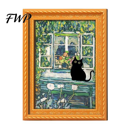 Vintage Frame Refrigerator Decor Oil Painting Cat Magnet, Wooden Black Metal Doors Decorative Magnets Theme Retro Rectangle Magnetic Decoration Photo