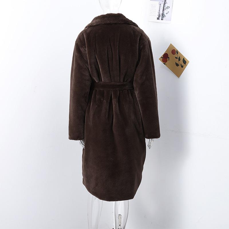 Dámský podzimní zimní zahuštěný dlouhý kabát z norkového sametu, luxusní bunda z imitace králičí kožešiny s páskem, klopami, trenčkot