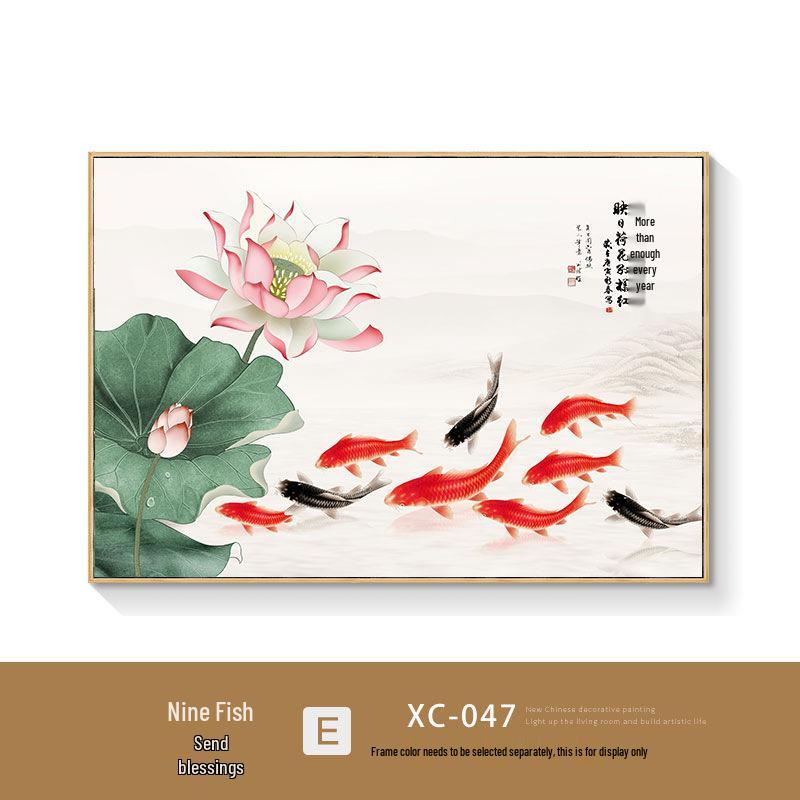 Nine Fish Wealth & Abundance Lotus Painting - New Chinese Style Decorative Wall Art for Dining Room