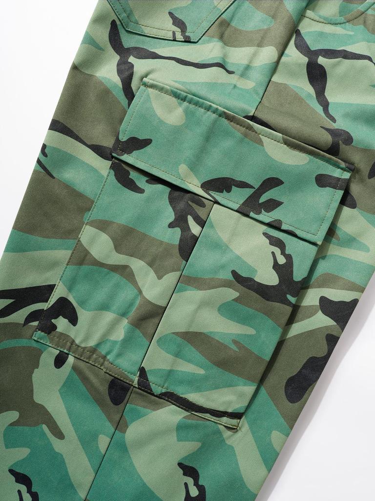 European-American Retro Women's High Waist Camouflage Cargo Pants with Wide Legs and Turn-Up Pockets - Style 8115