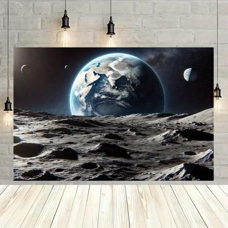 Wall Hanging with a Realistic Moon Surface, Including Craters, and a Large View of Earth