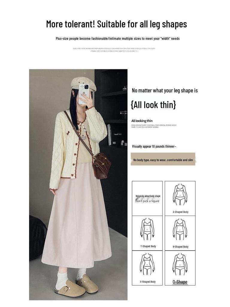 Women's High-Waisted Knit A-Line Midi Skirt, Spring/Autumn, Petite Pumpkin Umbrella Style