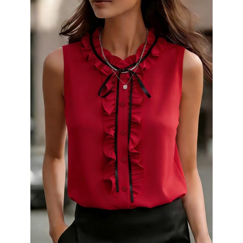 Women Beige Sleeveless Blouse With Ruffled Neckline And Black Ribbon Bow Casual Office Top S красный