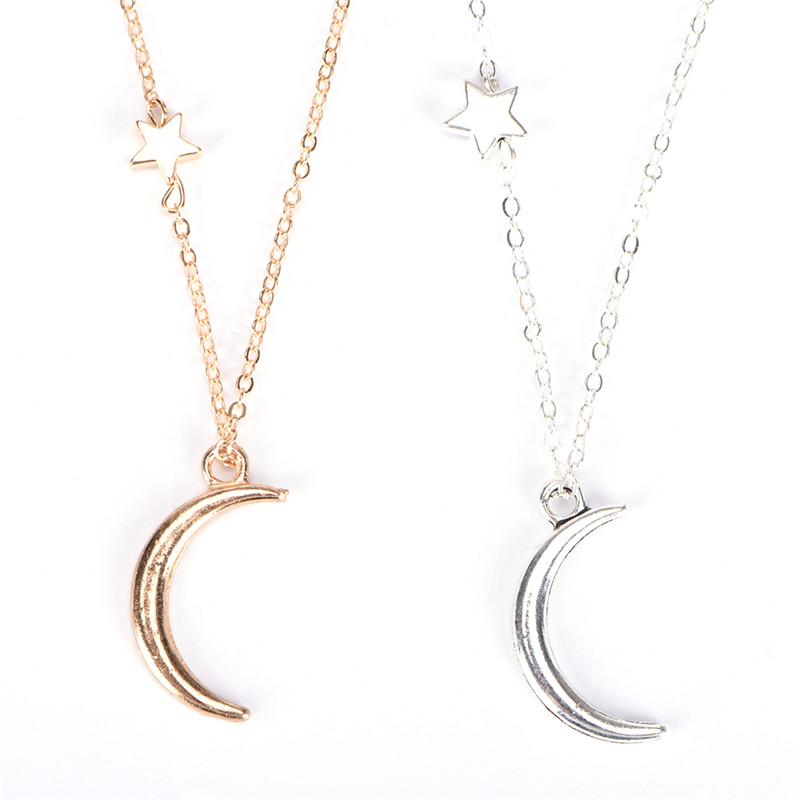 Moon Star Pendant Necklace Choker Necklace Gold Silver Long Chain Women Jewelry