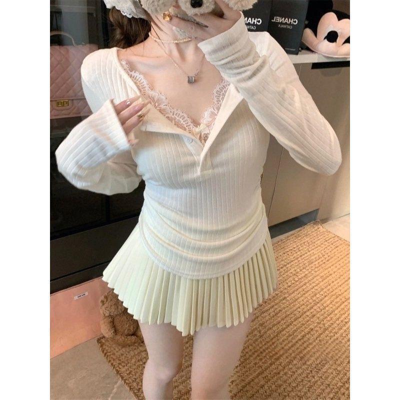 Plus Size Lace Patchwork Long Sleeve T-shirt for Women - Slimming Autumn/Winter Top
