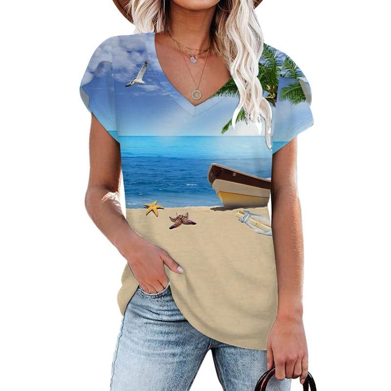 Camicette 2023 Estate Manica Corta T-Shirt da Spiaggia Moda Donna Streetwear Stampa T-shirt Girocollo T-shirt Ampia Abbigliamento Elegante 25702