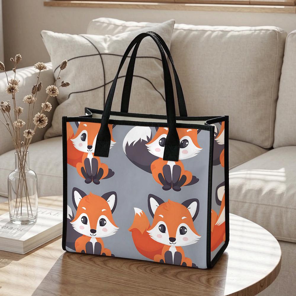 Cute Fox Print Canvas Tote Bag Casual Large Capacity Shopping Handbag