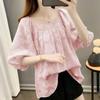Camicia Estiva Trendy Taglie Forti Chiffon Top Manica Corta Manica a Bolla Larga Nasconde Pancia Fluido