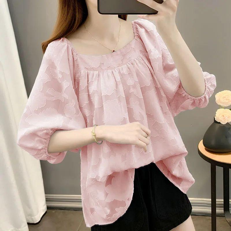Camicia Estiva Trendy Taglie Forti Chiffon Top Manica Corta Manica a Bolla Larga Nasconde Pancia Fluido
