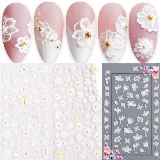 Nail Seal 3-piece Set Sticker Hollow 5D Flower Butterfly Leaf Three-dimensional Carving Multiple Styles DIY White