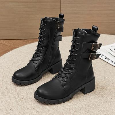 Bottes Minimalistes Unies pour Femmes Hiver 2025 Chaussures Courtes en Peluche pour Femmes Bottes Confortables à Lacets à Talons Épais Bottes Polyvalentes Mi-Mollet
