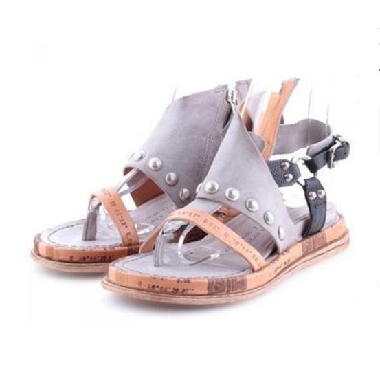 Side Zipper Flat Sandals Women Rome Retro Rivet Non-slip Casual Shoes Large Size Solid Color Beach Flip Flops