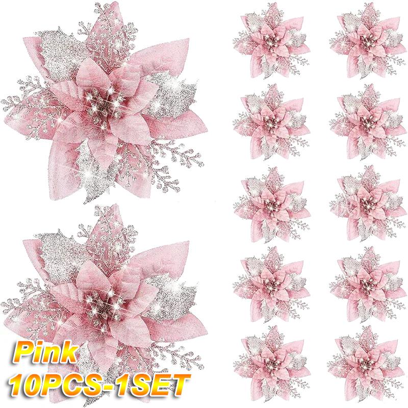 100pcs Glitter Artifical Christmas Flowers Mreey Christmas Tree Decoration Happy New Year Ornaments Xmas Fake Flowers natal