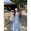 Women's Summer Blue Gingham Strapless Maxi Dress Lace Hem Beach Vacation Dresses