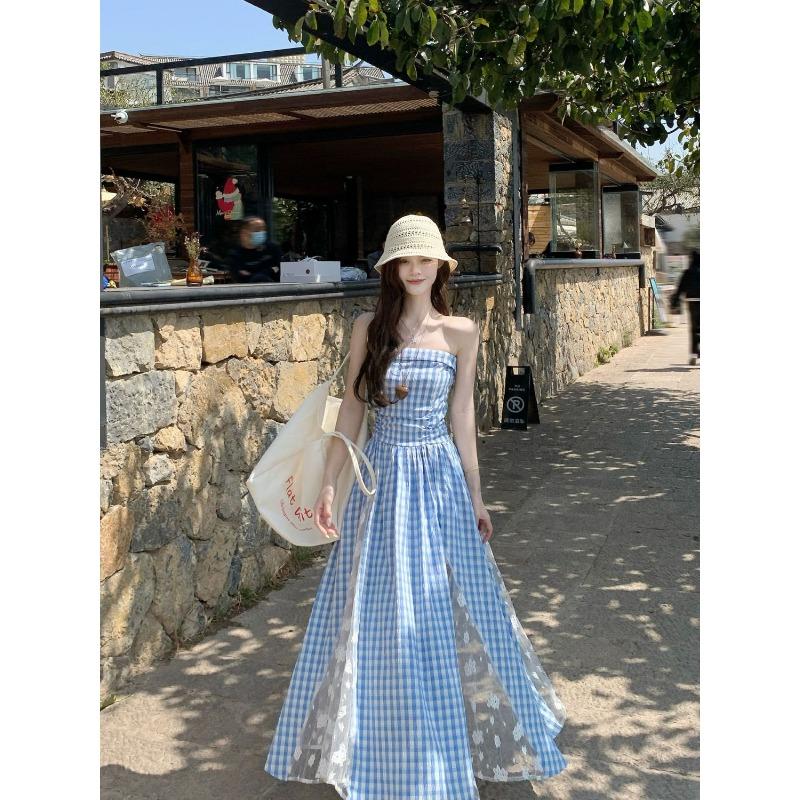 Women's Summer Blue Gingham Strapless Maxi Dress Lace Hem Beach Vacation Dresses