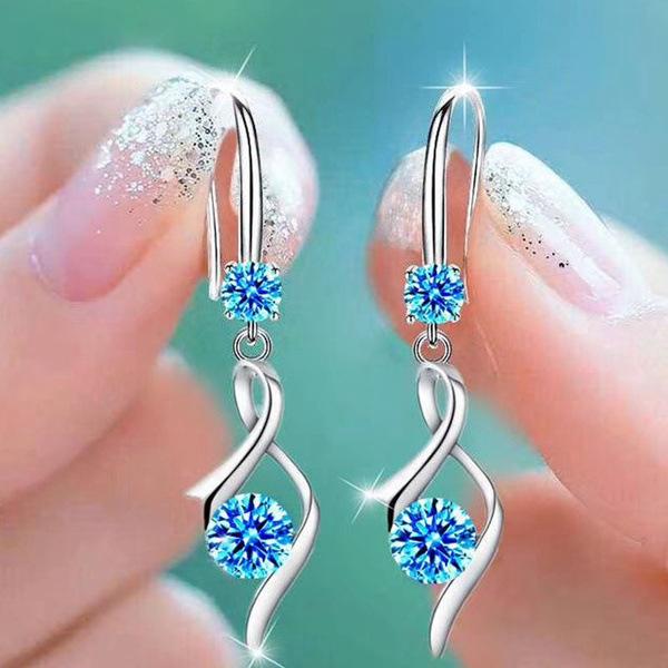 Pink Blue White Zircon Love Heart Female Drop Earrings For Women Dainty Jewelry Trend Silver Color Crystal Stone Wedding Earring