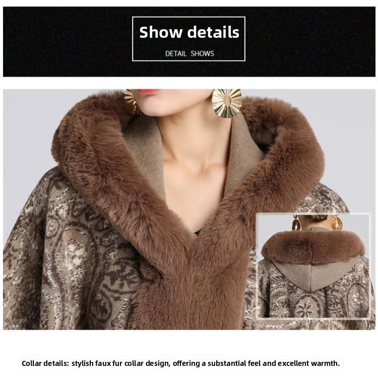 GMXIA Autumn and Winter Imitation Rex Rabbit Fur Collar Jacquard Shawl Cape Plus-size Woolen Coat Cardigan for Women