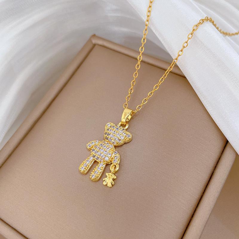 Titanium Steel, Big Bear Lead Bear Light Luxury Temperament Gorgeous Full Diamond Necklace Women'S Versatile Collarbone Chain Titanium Steel Chain