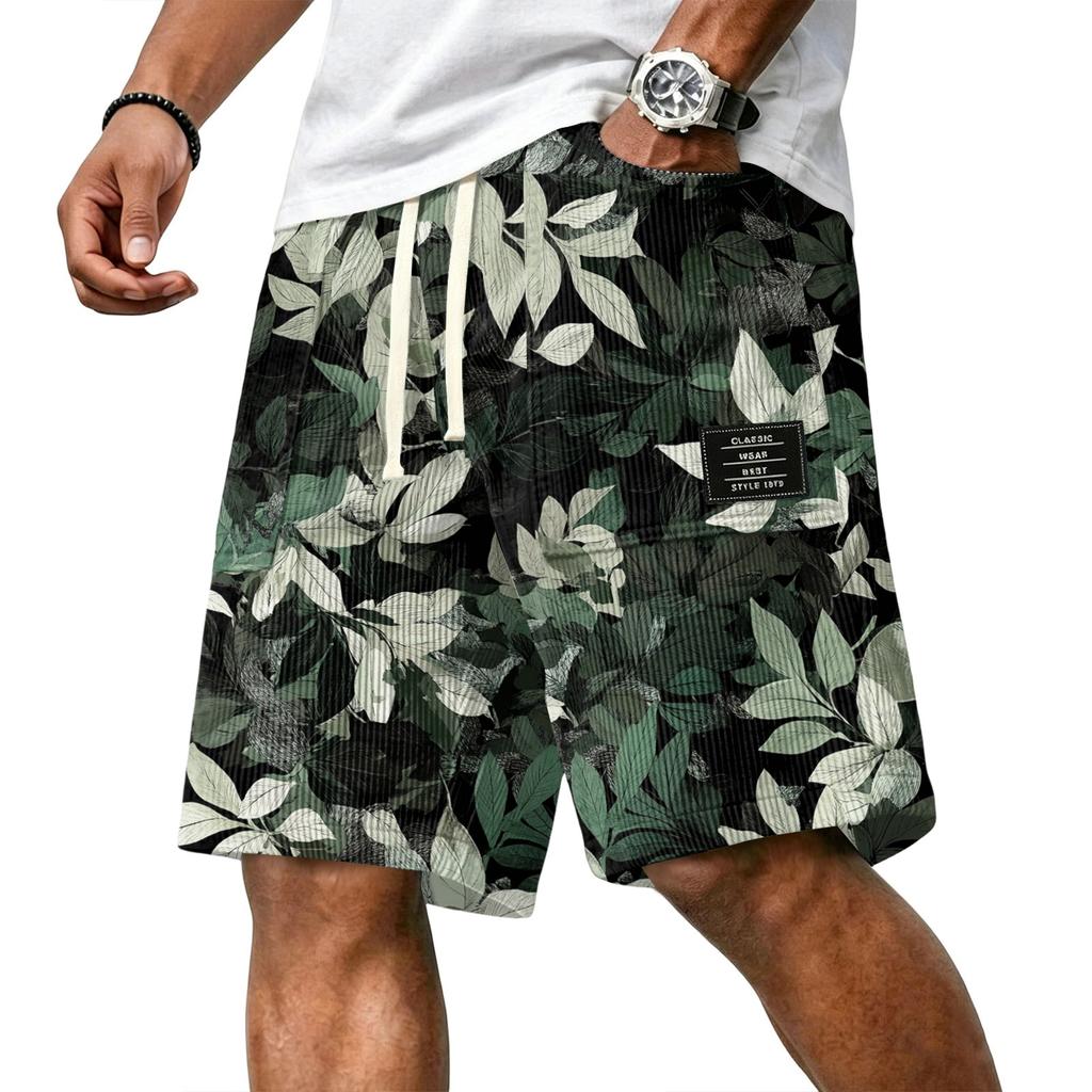 Men Corduroy Drawstring Shorts with Letter Print Relaxed Fit Hawaiian Style Floral Patterned Lightweight Pants