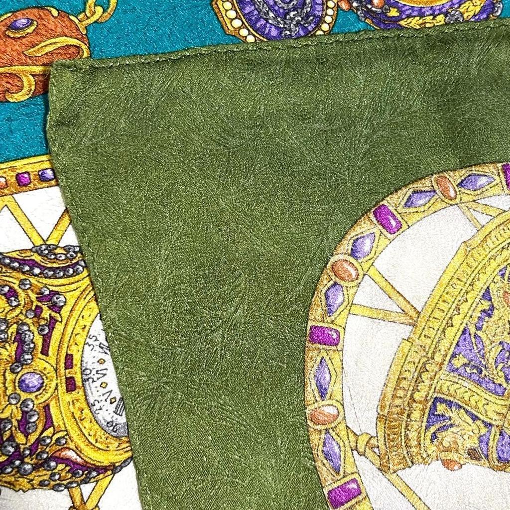 Used Excellent Condition TRUSSARDI Silk Scarf, Green Tones, Jewelry Pattern