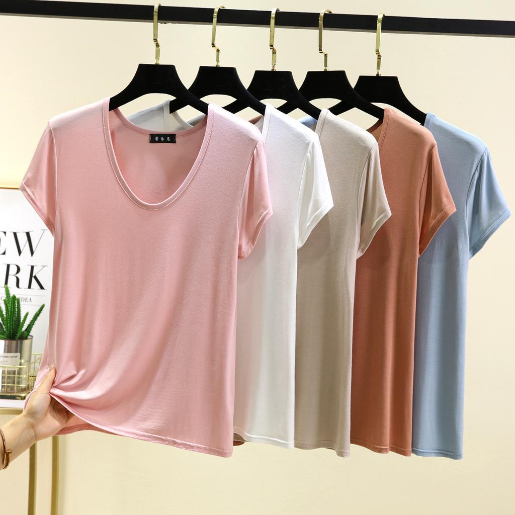 Plus Size M To 6XL U-Neck Women's Tshirt Short Sleeves Modal T-shirts Thin Bottomed Tees Solid Color Loose Tee Tops All Match
