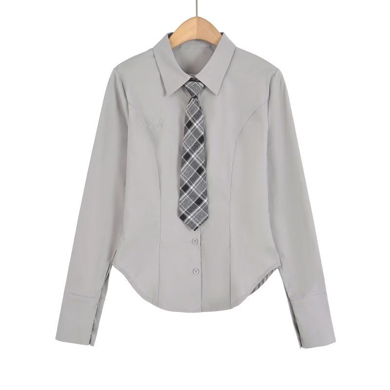 Women's American College Style Slim-Fit Embroidered Shirt with Tie Waist and Curved Hem