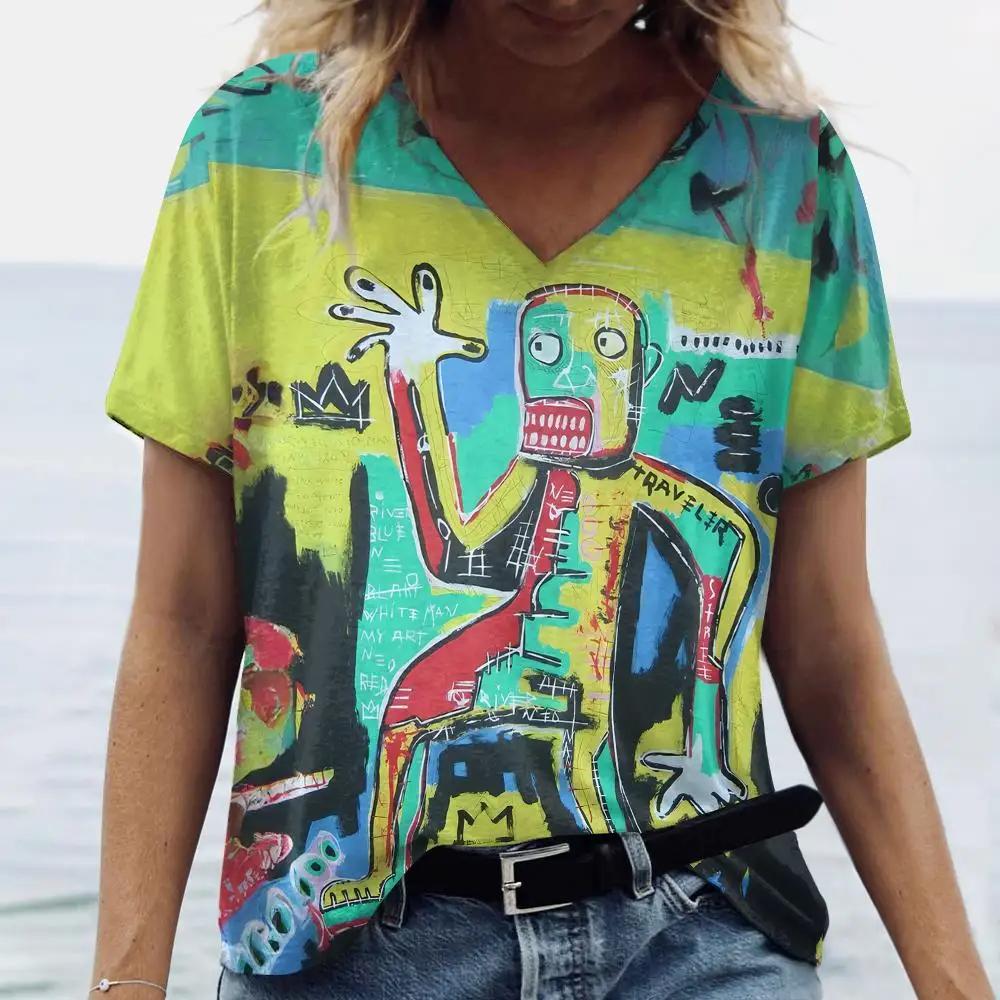 Letní dámské módní tričko Exagerovaný umělecký potisk Topy Trička Dámské Vintage Krátký rukáv Oblečení Dámské Denní Ležérní Streetwear