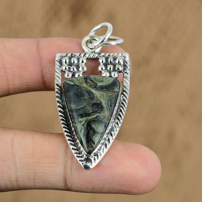 Sterling Silver Trillion Kambaba Jasper Gemstone Ethnic Birthday Pendant Jewelry