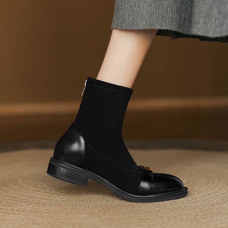 Krazing Po Microfiber Flock Winter Round Toe Size 33 Chelsea Boots Size 43 Zipper Metal Buckle Low Heels Ankle Boots