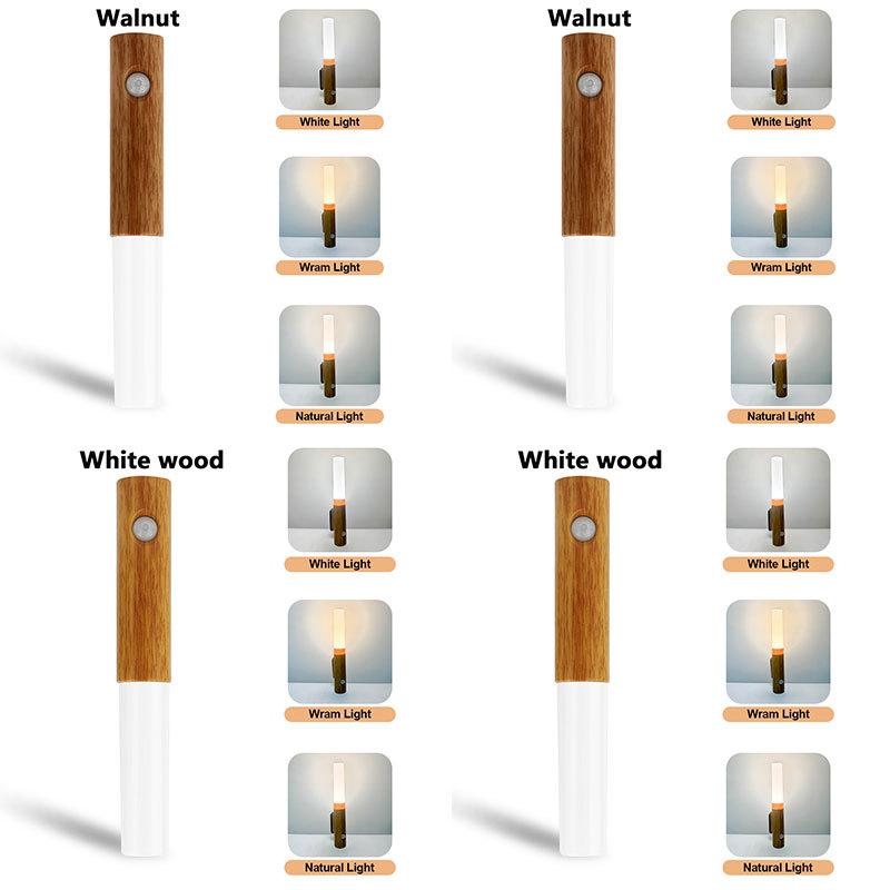 4pcs Motion Sensor Night Light Wooden Rechargeable 3color Magnet Indoor Body Sensor Night Lights Hand-Held Portable Led Wall Sconce Emergency Light