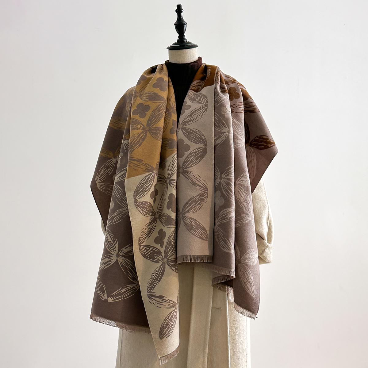 Элегантная женская цветочная жаккардовая пашмина - Зимний плотный теплый двусторонний шарф-плед с кисточками, защита от холода и ветра