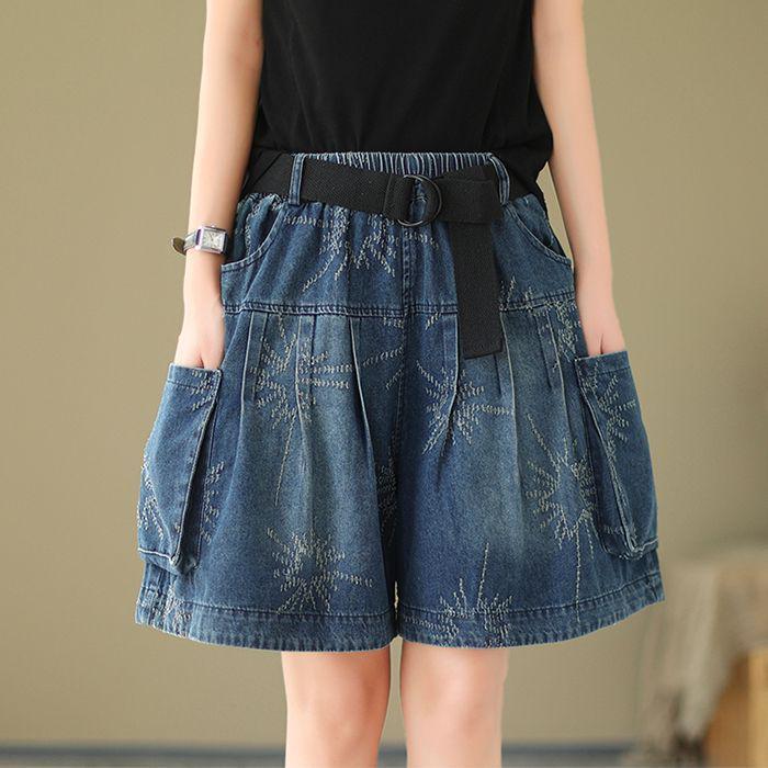 Shorts in Denim a Gamba Larga da Donna Taglie Forti, Stile Estivo - Pantaloncini a Gonna a Cinque Punti Vestibilità Larga