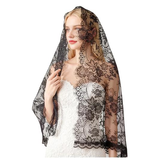 Lace Veil Mid-Length Shawl with Exquisite Lace Binding Elegant Head Scarf for Bridal Gothic Halloween Lolita Dress Matching