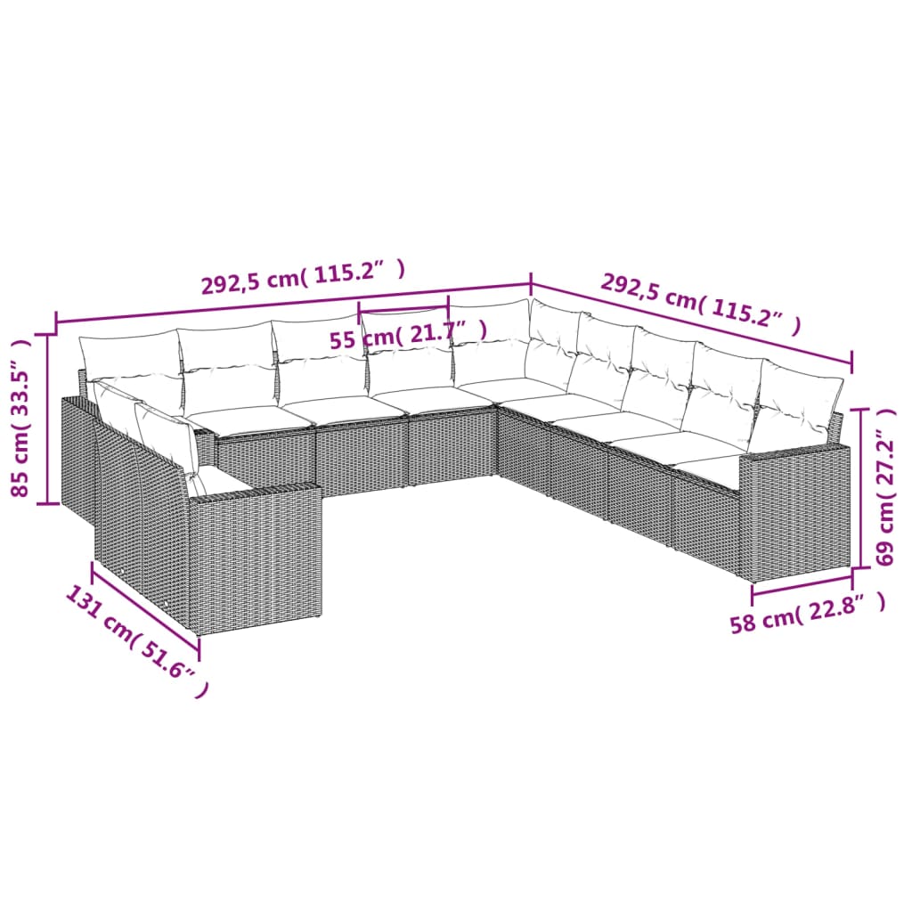 Vidaxl 11-Cz. Garden Lounge Set, Cushions Black Rattan Pe