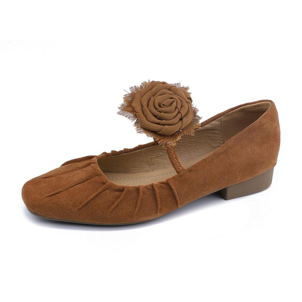 Yuanlitong autumn new camellia temperament single shoes women's retro style wrinkle sense word with soft sole flat shoes