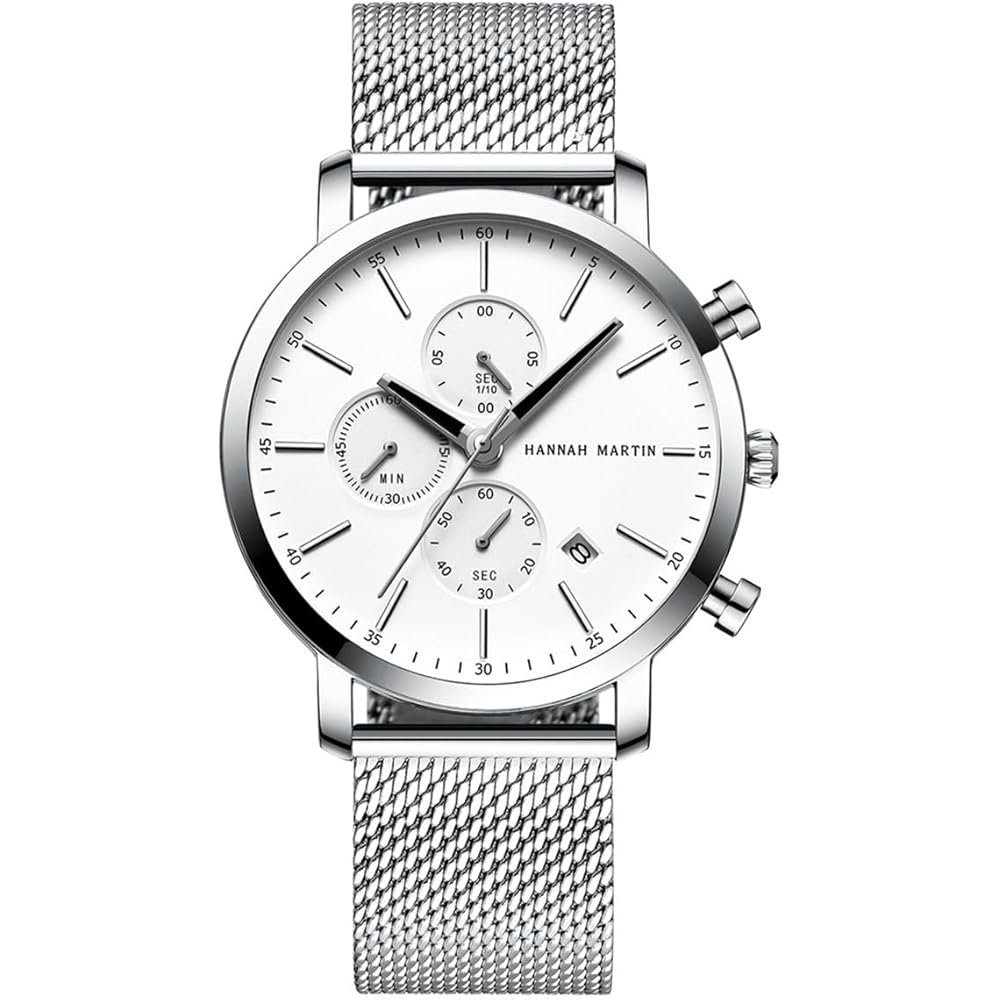 Hannah Martin Men s Chronograph Quartz Watch Waterproof Stainless Steel Business Simple Black Silver