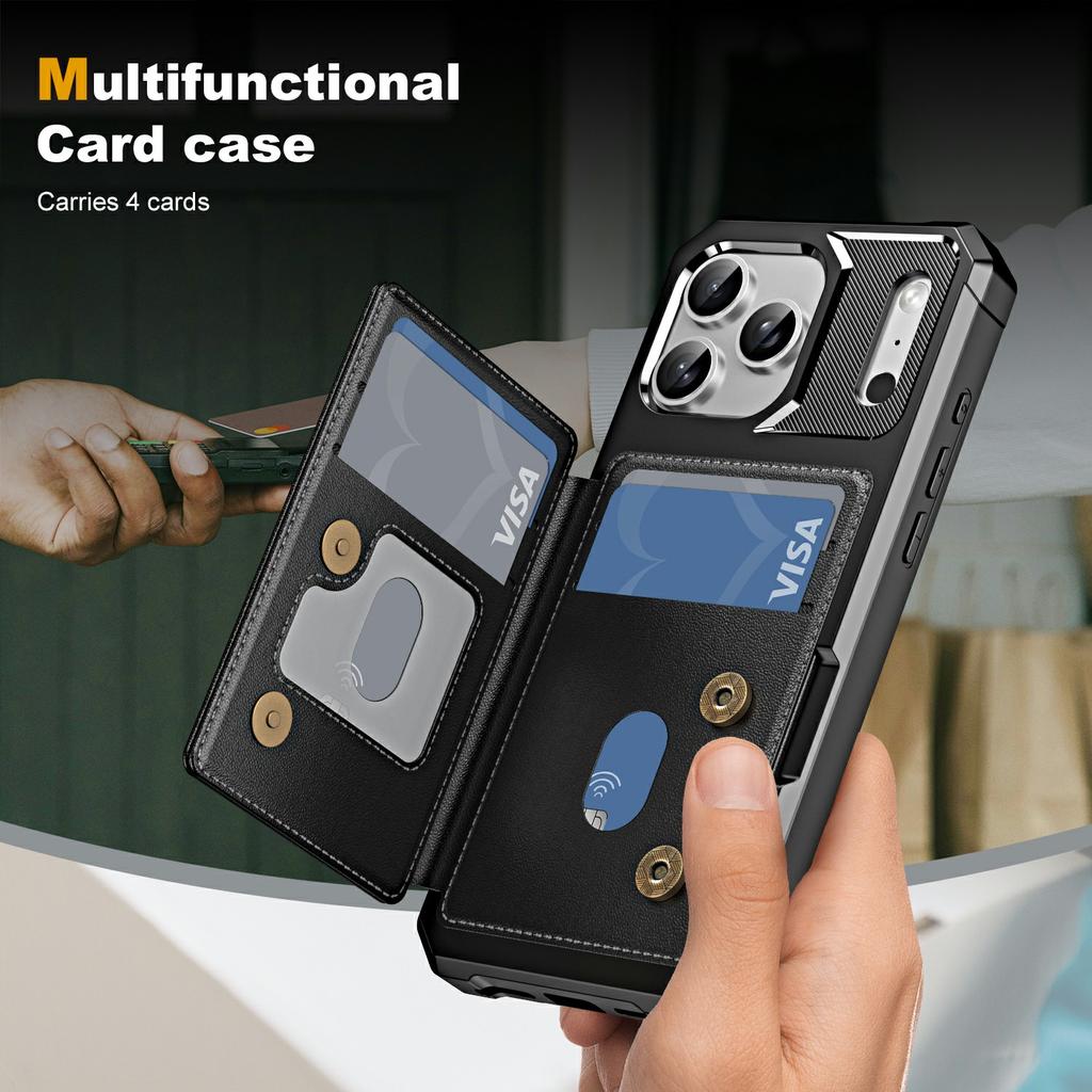 For iPhone 17 Pro Max Case Card Slot Kickstand Leather + TPU Reinforced Corner Phone Cover