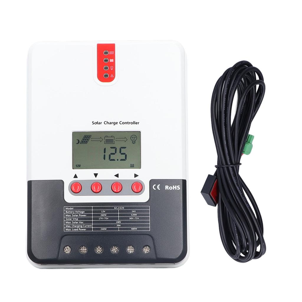 MPPT Solar Charge Controller 12V/24V 20A IP32 Protection Accessories for Power Stations Yachts RVs