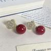 Wine Red Pearl & Zircon Flower Stud Earrings - Elegant, High-End Ear Accessories
