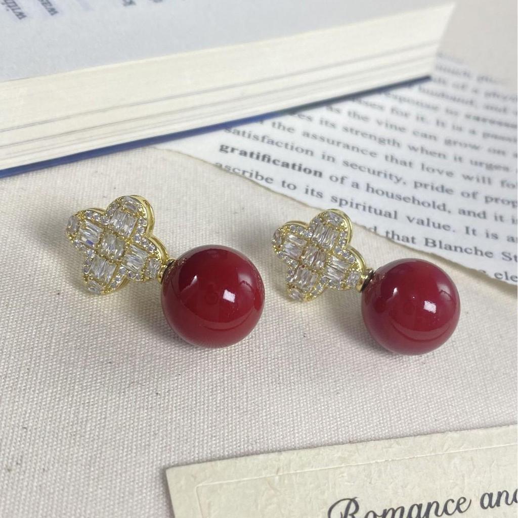 Wine Red Pearl & Zircon Flower Stud Earrings - Elegant, High-End Ear Accessories