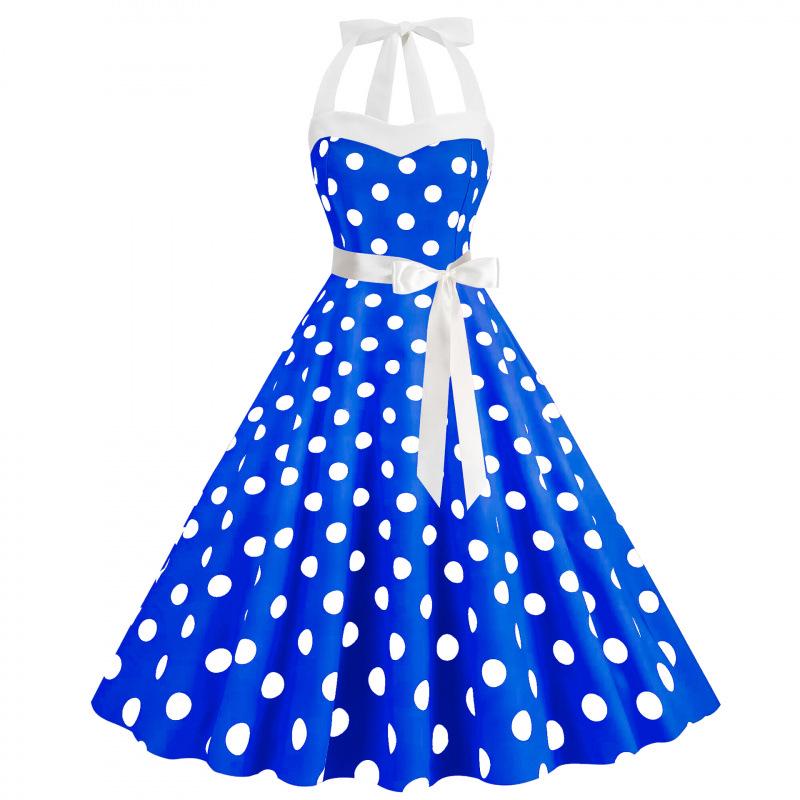 Retro Polka Dot Halter Flared Dress - European & American Hepburn Style with Lace-up Backless Design for Bridesmaid or Performance