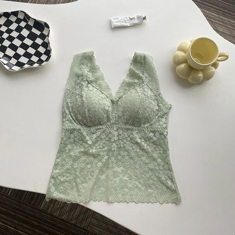 

Кружевной топ-майка с нагрудными подушечками, без косточек, красивая спинка, с эффектом пуш-ап, чтобы подчеркнуть стройность, сексуальное длинное нижнее белье для женщин, летний тонкий L зелёный