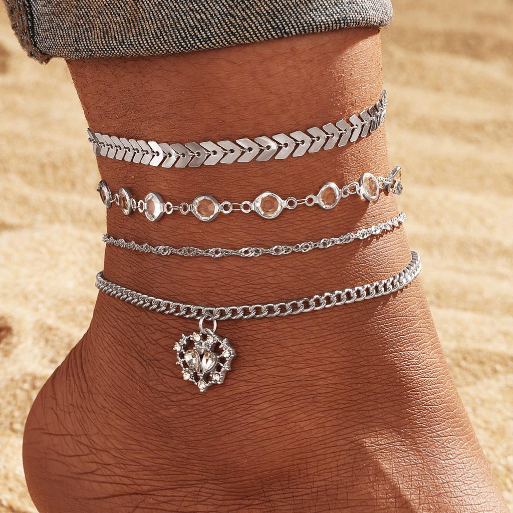 European and American style, unique, retro crystal thorn and heart anklet4New women's versatile beach anklet set
