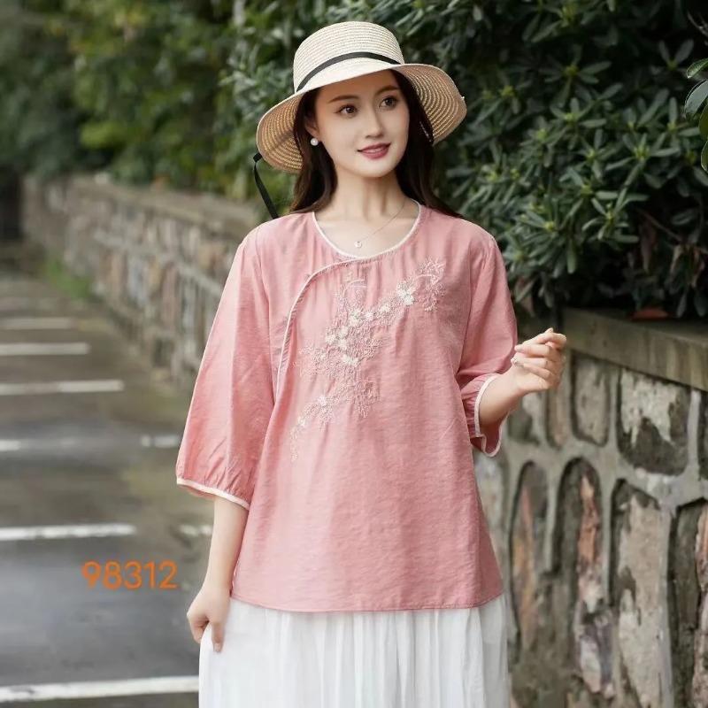 Women Chinese Style Floral Embroidery Slant Button Loose Three Quarter Sleeve Blouse L розовый