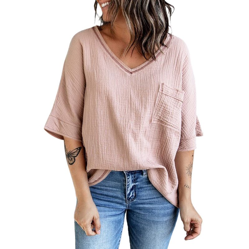 

2022 Shirt Fashion V-Neck Pocket Slit Mid-Sleeve Top Women Pink XL