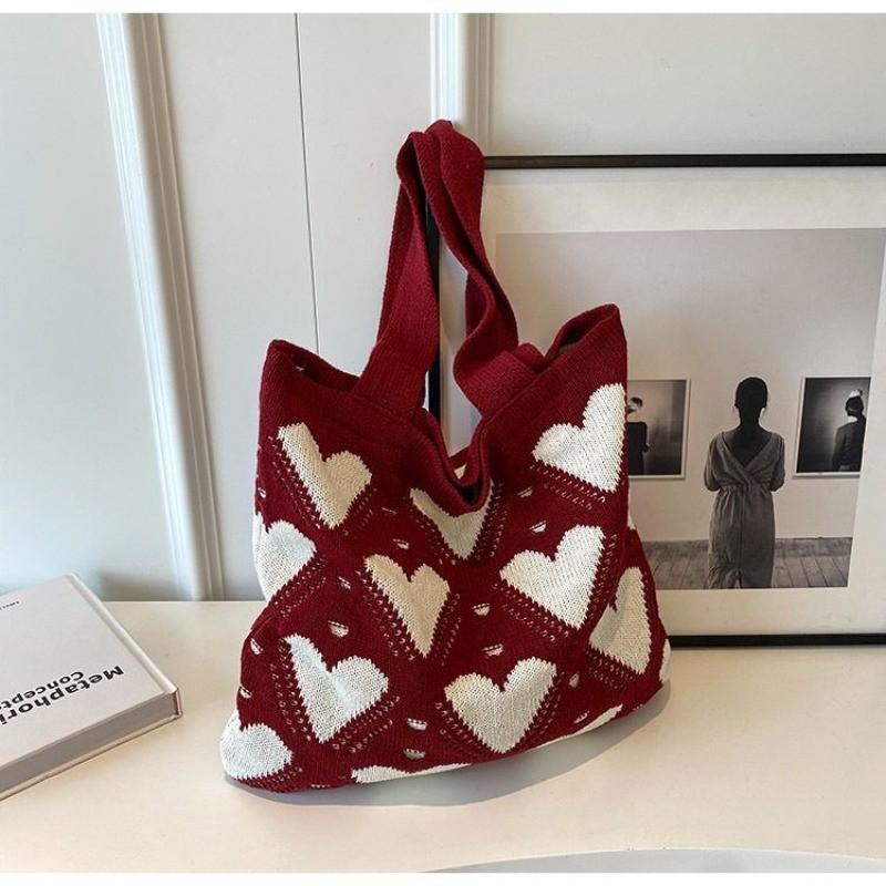 2026 New Ins Style Knitted Tote Bag with Heart Pattern Large Capacity Shoulder Bag for Women Daily Use and Shopping