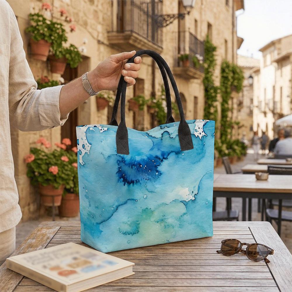 Blue Watercolor Print Tote Bag Large Casual Shoulder Bag for Daily Use
