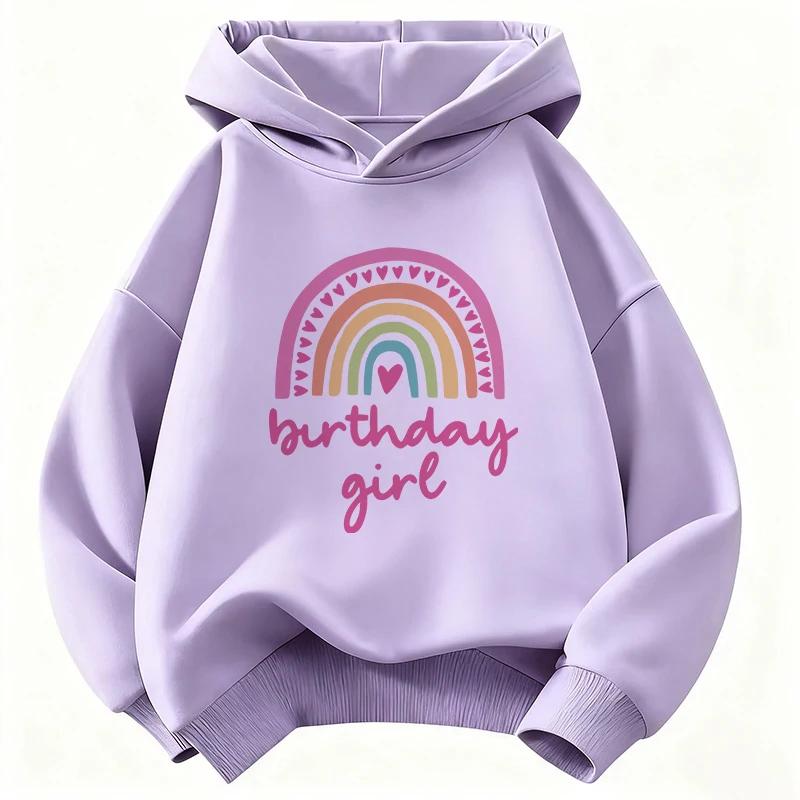 Autumn-Winter Fashion Rainbow Heart Birthday Print Children's Hooded Sweatshirt for Boys and Girls Retro Trendy Pullover Sweater